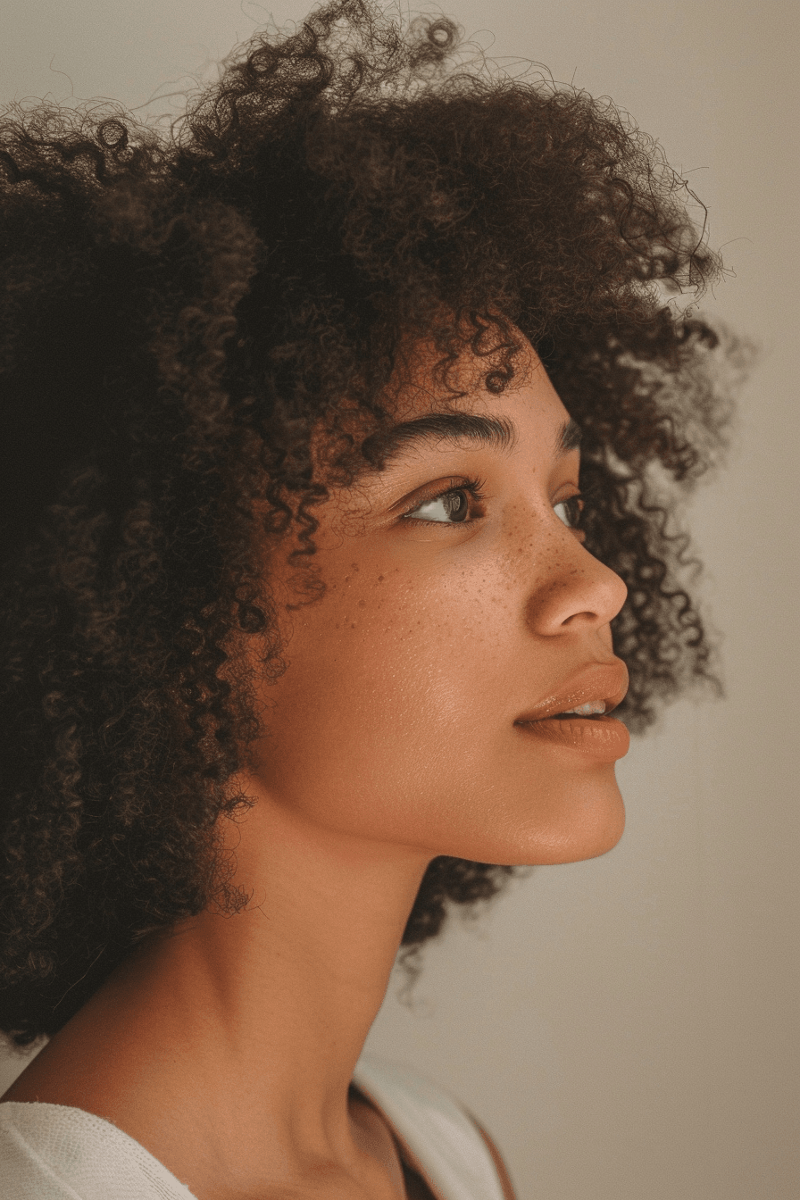Coily hair bridal portrait, natural curls with soft light and texture