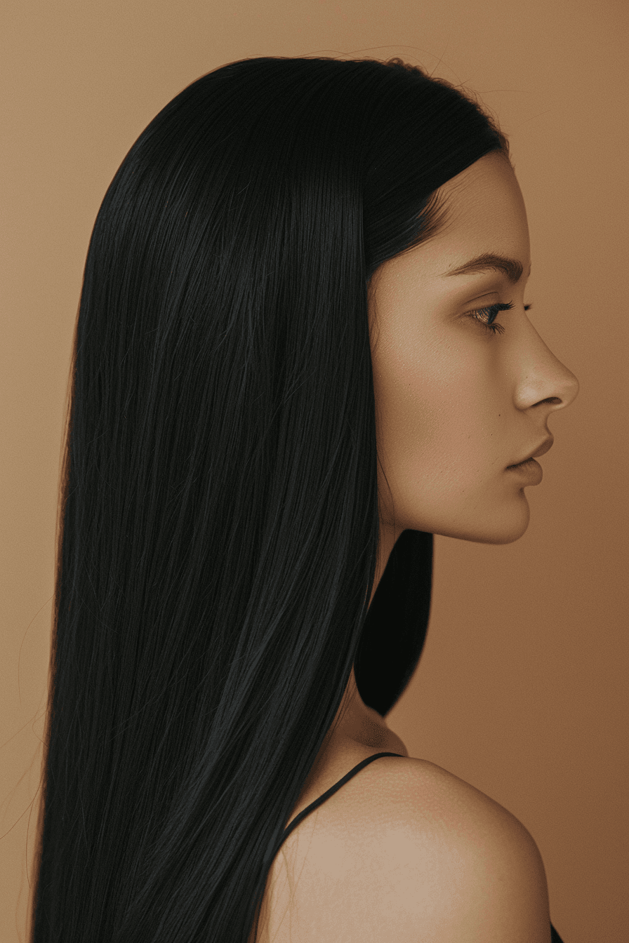 Ultra sleek straight hair portrait, smooth and shiny bridal hairstyle