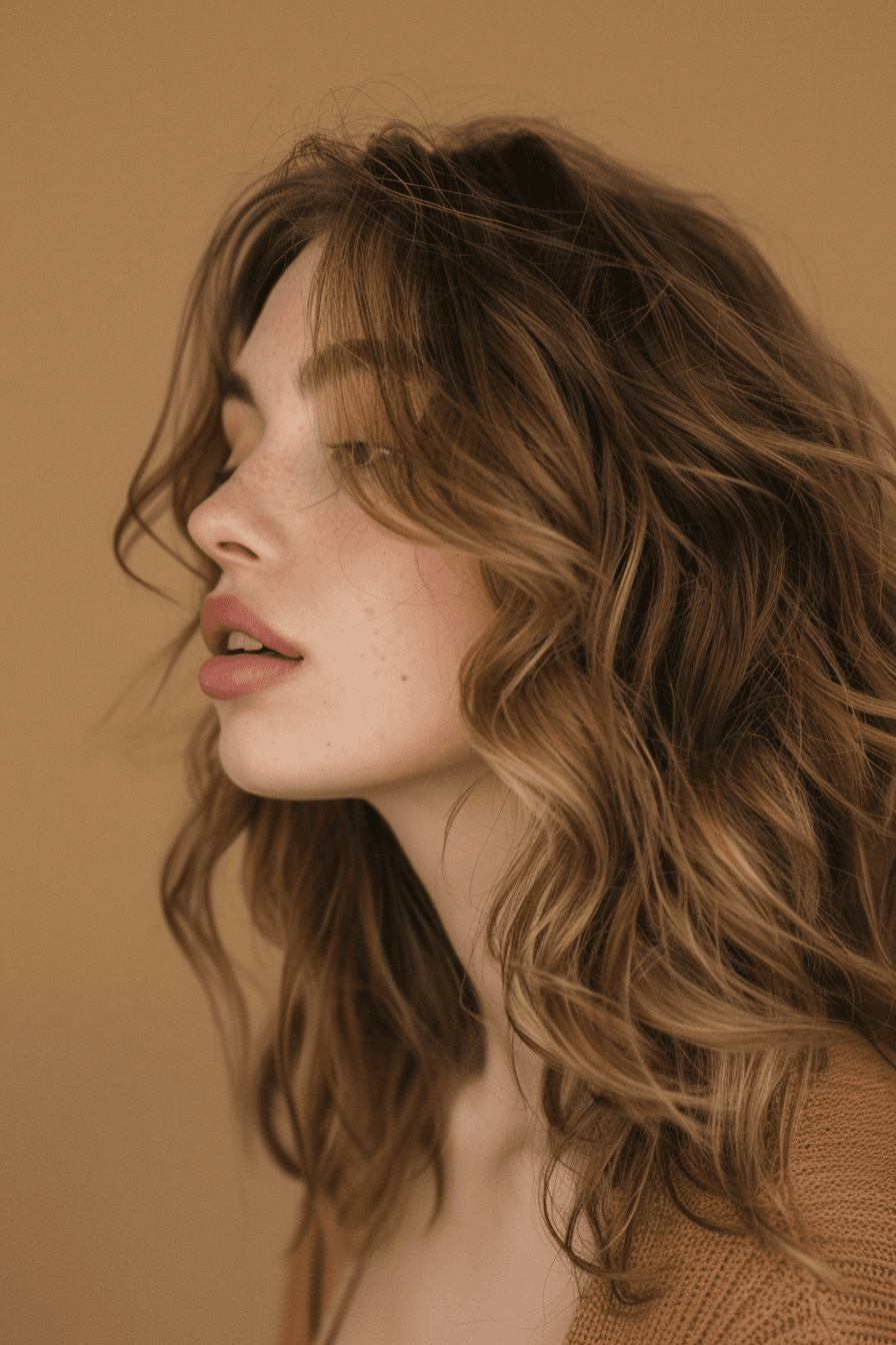 Wavy hair bridal portrait, defined waves with natural texture and shine