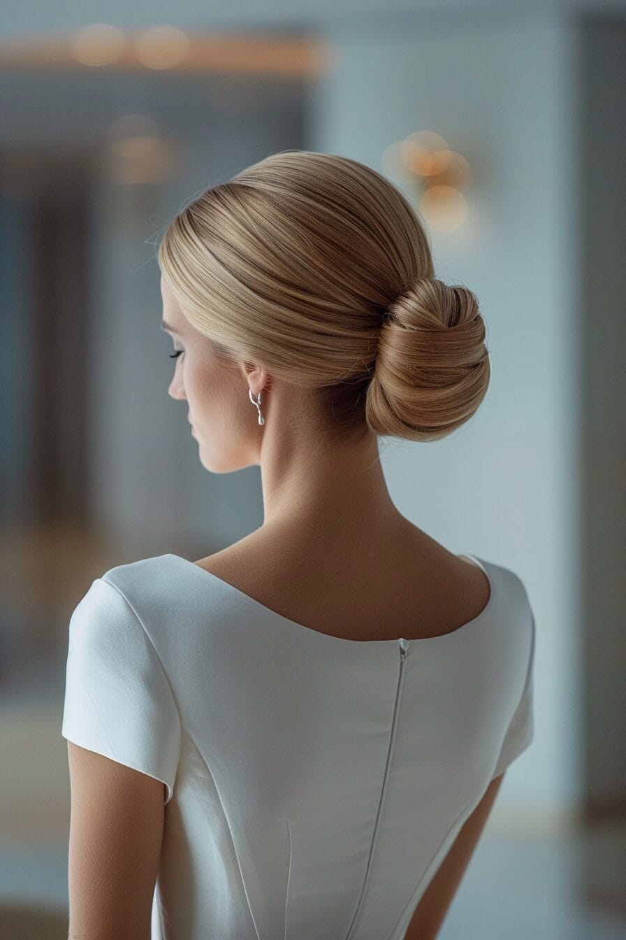 Sleek high bun wedding hairstyle for hot weather weddings