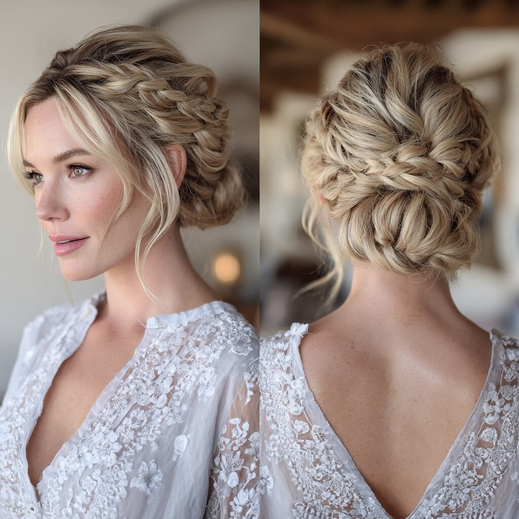 Soft volume low bun wedding hairstyle for fine hair brides