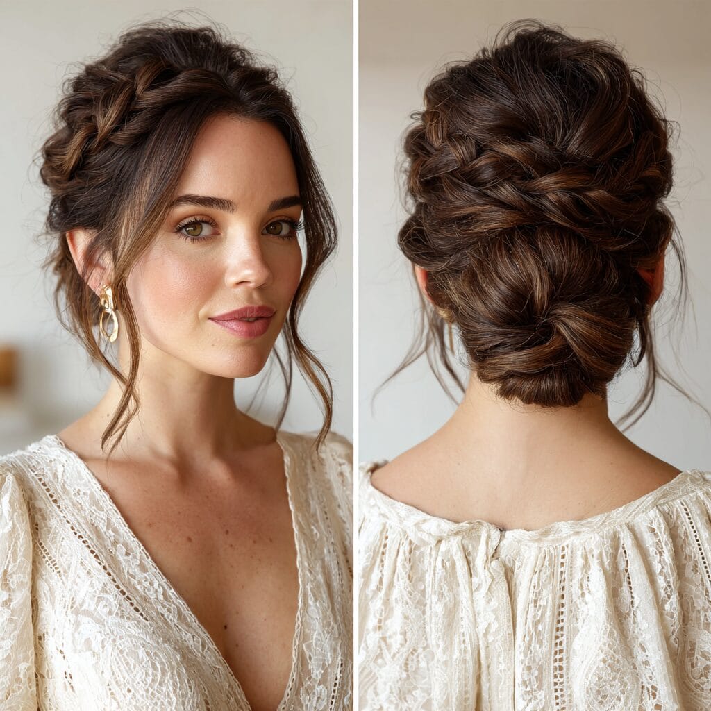 Side-parted low bun bridal hairstyle with volume at crown