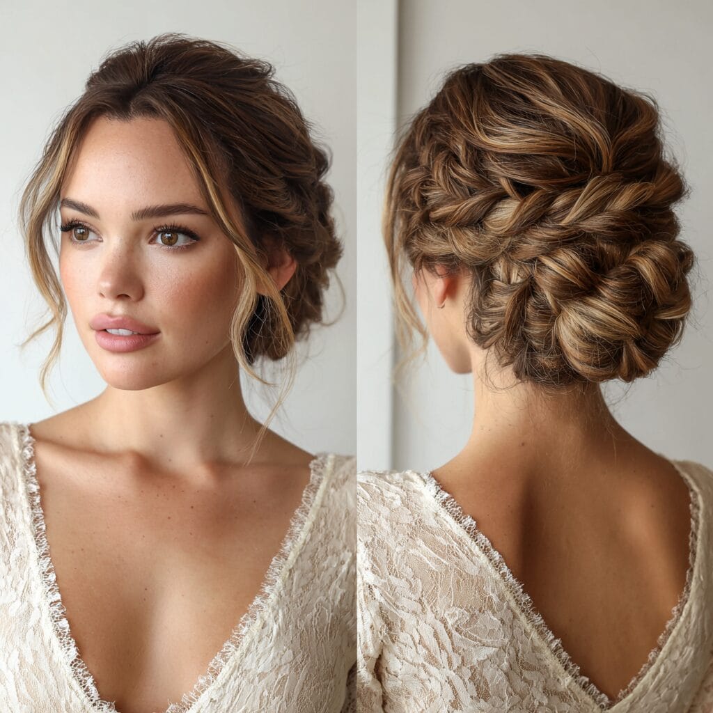 Low bun with face-framing pieces bridal hairstyle soft and romantic