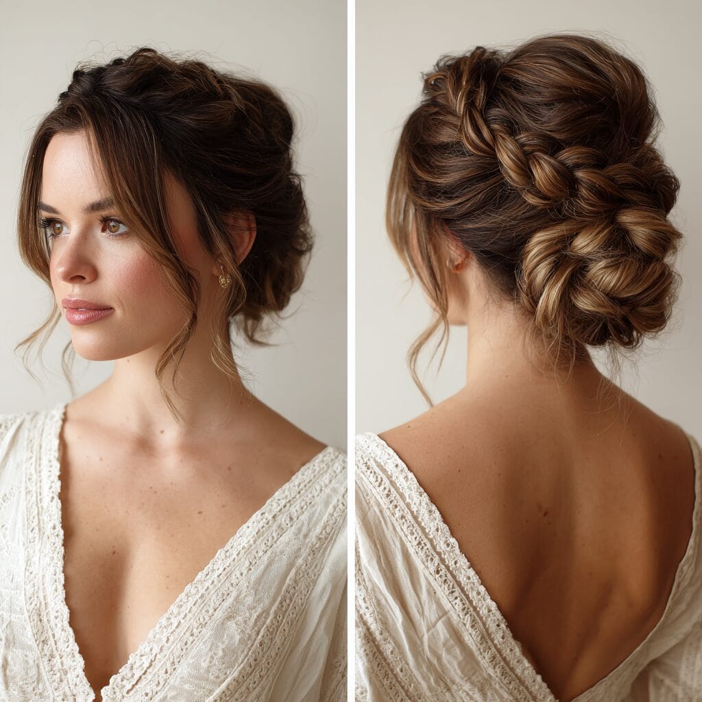 Loose romantic low bun bridal hairstyle with soft texture