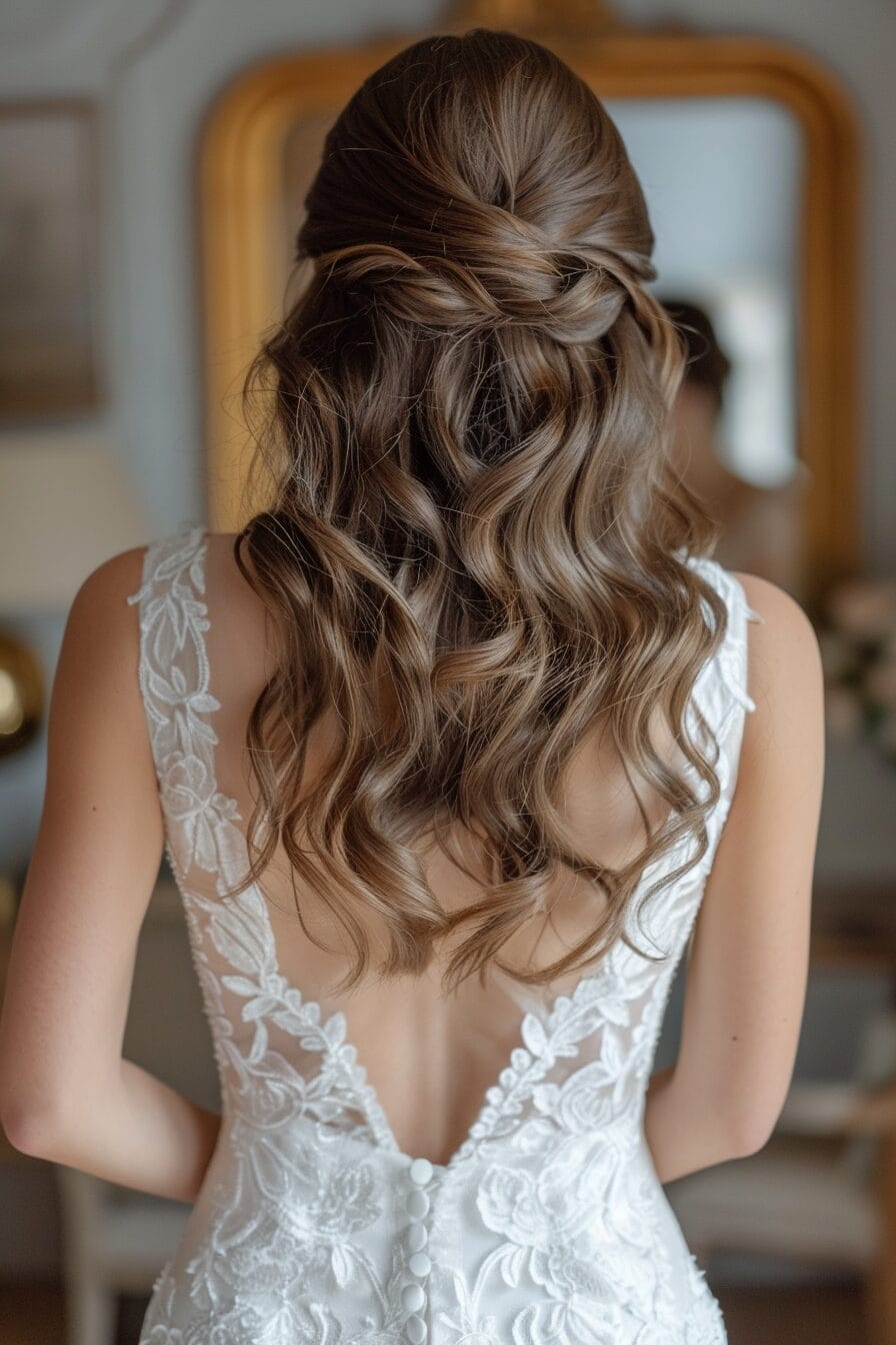 Half-up twisted wedding hairstyle with soft elegant finish