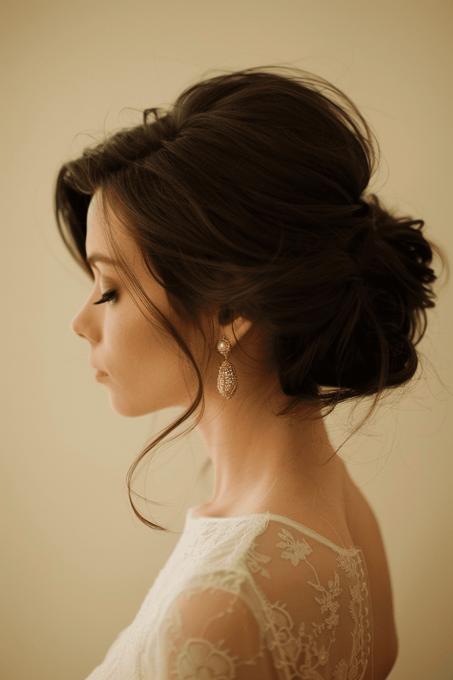 Soft updo wedding guest hairstyle paired with elegant outfit