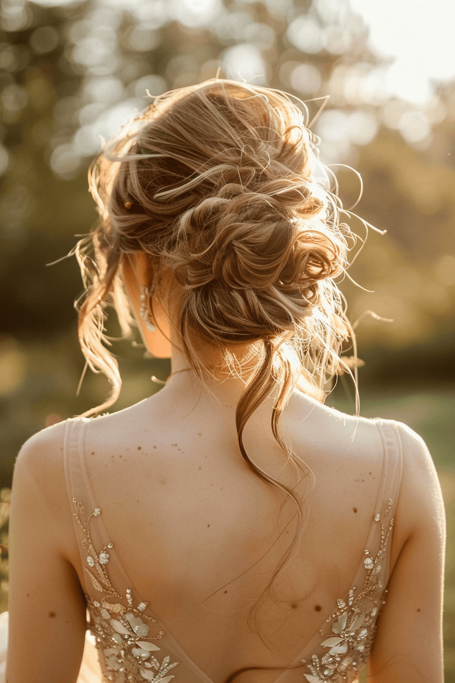 Sleek updo wedding guest hairstyle, clean and polished finish