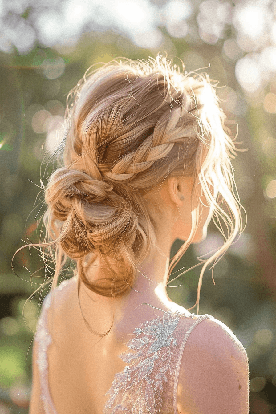 Wedding guest hairstyle with braided detail, loose and natural finish