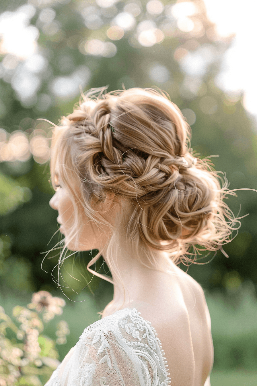 Wedding guest hairstyle with soft braided detail, romantic and elegant