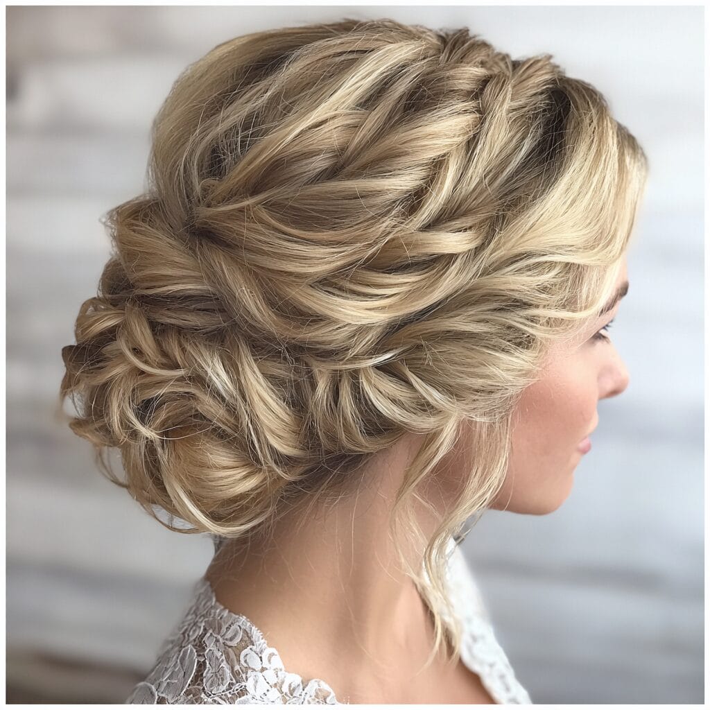 Romantic braided bridal updo, tested for long-lasting outdoor wear