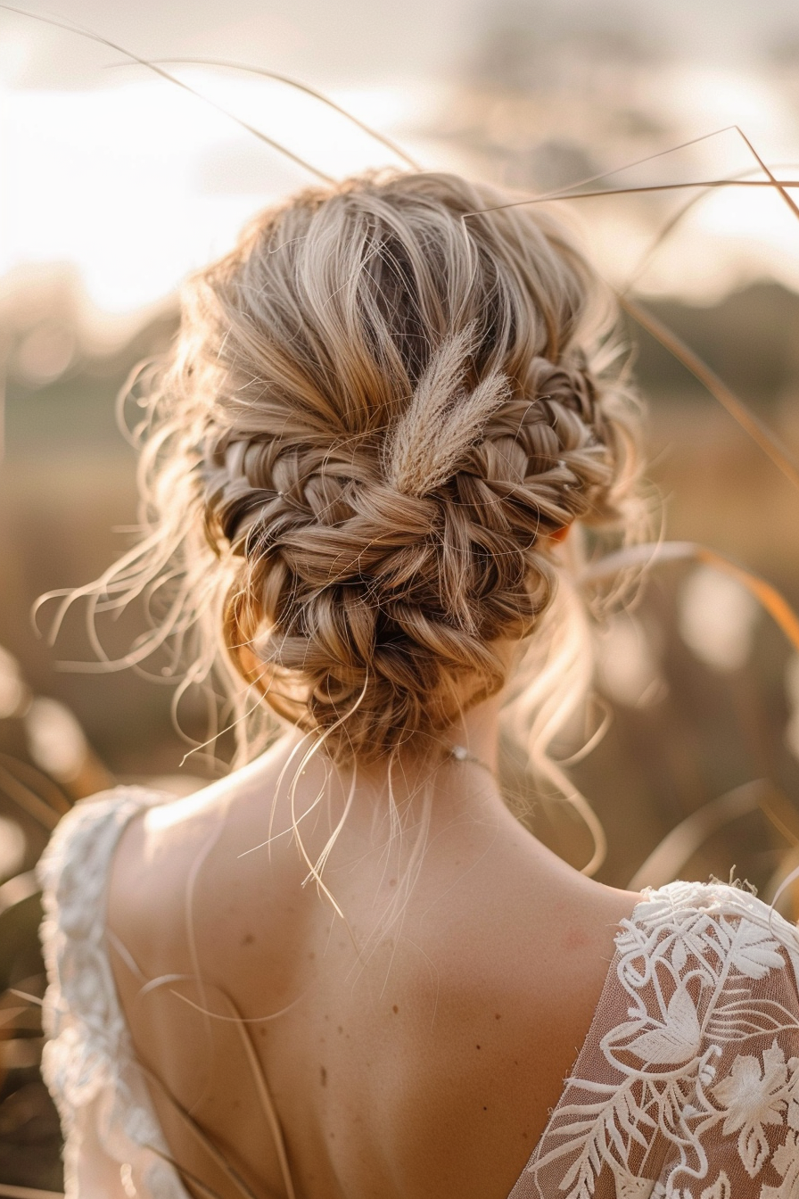 messy boho braid updo bridal hairstyle with soft texture and loose strands back view
