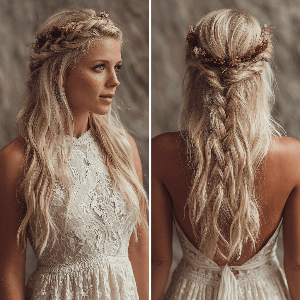 Long hair bridal hairstyle with soft waves, romantic and timeless look