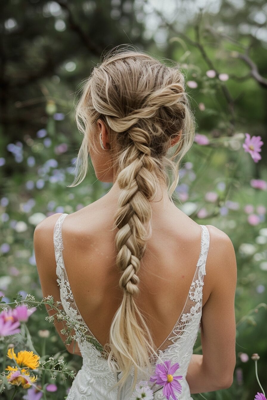 Structured braid bridal hairstyle, designed to last all day outdoors